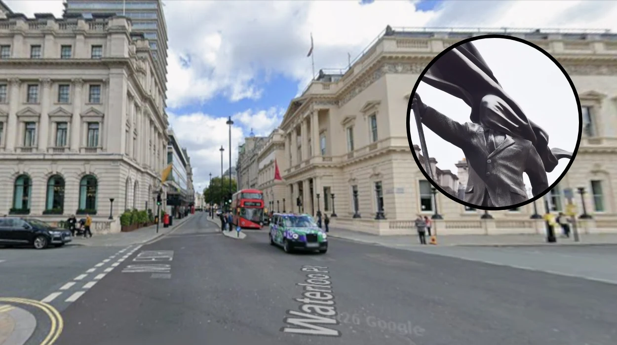 Banksy‑style statue of man blinded by flag appears in Waterloo Place London 2026